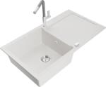Mexen Leo chiuvetă de bucătărie din granit cu 1 cuvă și scurgător, cu baterie de bucătărie Flora, albă (6501-20-670401-06)