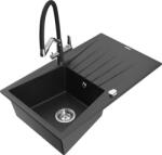 Mexen Cesar chiuvetă de granit cu un compartiment, cu picurător și baterie de bucătărie Duo, Neagră/Argintiu metalic - 6514-73-6 (6514-73-671701-07)