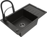 Mexen Elias chiuvetă de bucătărie din granit cu o cuvă și scurgător și robinet de bucătărie Aster, negru/auriu metalic (6511-75-73450-70-B)