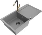 Mexen Leo chiuvetă de bucătărie din granit cu 1 cuvă și picurător, cu baterie Flora, gri - 6501-71-670401-57-B (6501-71-670401-57-B)