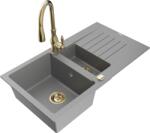 Mexen Matias chiuvetă din granit 1, 5 boluri cu scurgător și baterie de bucătărie Savita, gri - 6502-71-672601-50 (6502-71-672601-50)