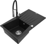 Mexen Cesar chiuvetă de granit cu 1 compartiment cu picurător și baterie de bucătărie Aster, neagră - 6514-77-73450-07 (6514-77-73450-07)