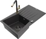 Mexen Cesar chiuvetă de granit cu un compartiment, cu picurător și baterie de bucătărie Flora, Negru cu picățele - 6514-76-67040 (6514-76-670401-57-B)