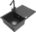 Mexen Bruno chiuvetă de granit cu un compartiment, cu picurător și baterie de bucătărie Duero, Neagră picățele - 6513-76-671600- (6513-76-671600-76)