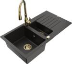 Mexen Matias chiuvetă de bucătărie din granit cu 1, 5 cuve, cu scurgător și baterie de bucătărie Savita, negru/auriu (6502-75-672601-50)
