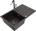 Mexen Bruno chiuvetă de granit cu 1 compartiment cu scurgător și baterie de bucătărie Flora, negru/auriu metalizat (6513-75-670401-07-B)