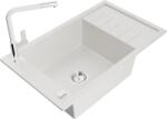 Mexen Elias chiuvetă de bucătărie din granit, cu o cuvă și scurgător, cu baterie Flora, albă - 6511-20-670401-02 (6511-20-670401-02)