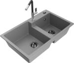 Mexen Tomas chiuvetă de granit cu 2 compartimente și baterie de bucătărie Flora, gri - 6516-71-670401-07-B (6516-71-670401-07-B)