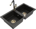 Mexen Mario chiuvetă de granit cu 2 compartimente cu robinet de bucătărie Flora, negru/auriu metalizat - 6504-75-670401-57-G (6504-75-670401-57-G)
