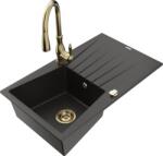 Mexen Cesar chiuvetă din granit cu 1 compartiment și scurgător și baterie de bucătărie Savita, negru/auriu metalizat - 6514-75-6 (6514-75-672601-50)