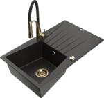 Mexen Cesar chiuvetă granit compusă dintr-o singură cameră cu scurgător și baterie de bucătărie Aster, negru/or metalic (6514-75-73450-57-G)
