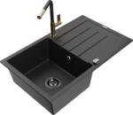 Mexen Bruno chiuvetă de granit cu o cuvă, cu scurgător și baterie de bucătărie Flora, negru/auriu metalic (6513-75-670401-57-B)