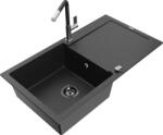 Mexen Leo chiuvetă de bucătărie din granit cu 1 compartiment, cu picurator și baterie de bucătărie Flora, negru/metalic (6501-73-670401-07-B)