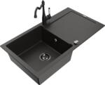 Mexen Leo chiuvetă granitică cu o singură cameră și scurgător și baterie de bucătărie Carla, negru/auriu metalic (6501-75-670700-70-B)