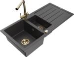 Mexen Andres chiuvetă de granit cu 1, 5 compartimente cu scurgător și baterie de bucătărie Duero, negru cu pete - 6515-76-671600- (6515-76-671600-50)