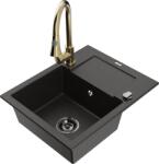 Mexen Enzo chiuvetă de granit cu 1 compartiment cu scurgător și baterie de bucătărie Elia, negru/auriu metalizat (6506-75-670101-50-B)