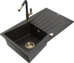 Mexen Cesar chiuvetă de bucătărie din granit cu 1 compartiment, scurgător și baterie Flora, negru/auriu metalic (6514-75-670401-57-G)