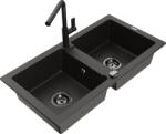 Mexen Mario chiuvetă de granit cu 2 compartimente și cu baterie de bucătărie Flora, negru/or metalic - 6504-75-670401-70-B (6504-75-670401-70-B)