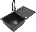 Mexen Leo chiuvetă de granit cu 1 compartiment, cu scurgător și cu baterie de bucătărie Aster, negru/auriu metalic (6501-75-73450-57-G)