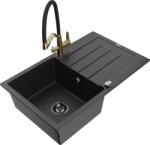 Mexen Bruno chiuvetă de granit cu o cuvă, cu scurgător și baterie de bucătărie Duo, negru/auriu metalic (6513-75-671701-57-B)