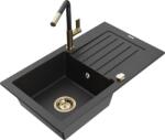 Mexen Pablo chiuvetă de granit cu 1 compartiment cu scurgător și baterie de bucătărie Flora, negru/argintiu metalic - 6510-73-67 (6510-73-670401-57-G)