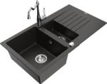 Mexen Matias chiuvetă din granit 1, 5 compartimente cu picurător și baterie de bucătărie Carla, negru/auriu metalic - 6502-75-670 (6502-75-670700-00)