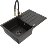 Mexen Bruno chiuvetă de granit cu 1 cuvă cu scurgător și baterie de bucătărie Aster, negru/oro metalic (6513-75-73450-57-B)
