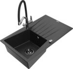 Mexen Cesar chiuvetă de granit cu o singură cameră cu scurgător și baterie de bucătărie Duo, negru/argintiu metalic (6514-73-671701-07-B)