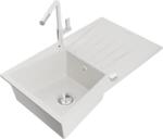Mexen Cesar chiuvetă de granit cu 1 compartiment, cu picurător și baterie de bucătărie Flora, alb - 6514-20-670401-02 (6514-20-670401-02)
