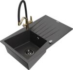 Mexen Cesar chiuvetă de granit cu un compartiment, cu picurător și baterie de bucătărie Duo, Negru cu picățele - 6514-76-671701- (6514-76-671701-57-B)