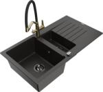 Mexen Matias chiuvetă de granit cu 1, 5 cuve, cu scurgător și baterie de bucătărie Duo, negru/auriu metalic (6502-75-671701-57-B)