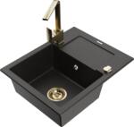 Mexen Enzo chiuvetă de bucătărie din granit cu 1 cuvă, cu scurgător și baterie de bucătărie Rita, negru/auriu metalizat - 6506-7 (6506-75-670300-50)