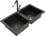 Mexen Mario chiuvetă de bucătărie din granit cu 2 cuve și baterie Flora, negru/auriu metalic - 6504-75-670401-07-B (6504-75-670401-07-B)
