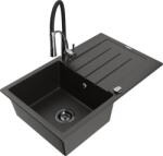 Mexen Bruno chiuvetă din granit cu 1 compartiment cu scurgător și baterie de bucătărie Aster, negru/auriu metalic (6513-75-73450-07-B)