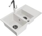 Mexen Gaspar chiuvetă de granit cu 1, 5 compartiment cu scurgător și baterie bucătărie Flora, albă - 6507-20-670401-07-B (6507-20-670401-07-B)