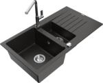 Mexen Matias chiuvetă din granit cu 1, 5 cuve cu scurgător și baterie de bucătărie Flora, negru/auriu metalizat (6502-75-670401-00)