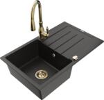 Mexen Bruno chiuvetă de bucătărie din granit cu 1 cuvă, cu scurgător și baterie de bucătărie Savita, negru/auriu (6513-75-672601-50)