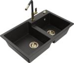 Mexen Tomas chiuvetă din granit cu 2 compartimente și baterie de bucătărie Flora, negru/auriu metalic - 6516-75-670401-57-G (6516-75-670401-57-G)