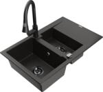 Mexen Gaspar chiuvetă din granit cu 1, 5 compartimente, cu picurător și baterie de bucătărie Elia, negru/auriu metalic (6507-75-670101-70-B)