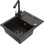 Mexen Enzo chiuvetă de granit cu un compartiment, cu picurător și baterie de bucătărie Duero, Neagră picățele - 6506-76-671600-7 (6506-76-671600-70-B)
