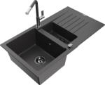 Mexen Matias chiuvetă de granit cu 1, 5 cuve cu scurgător și baterie de bucătărie Flora, negru pătat - 6502-76-670401-08-B (6502-76-670401-08-B)
