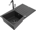 Mexen Cesar chiuvetă de bucătărie din granit cu 1 compartiment cu scurgere și baterie Flora, negru cu pete (6514-76-670401-07-B)