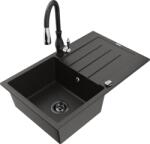 Mexen Bruno chiuvetă de granit cu 1 compartiment cu scurgător și baterie de bucătărie Savita, negru/auriu metalizat (6513-75-672601-70-B)