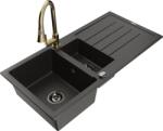 Mexen Andres chiuvetă de bucătărie din granit cu 1, 5 cuve, cu scurgător și baterie Elia, negru/auriu metalic (6515-75-670101-50-B)