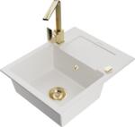 Mexen Enzo chiuvetă de granit cu o cuvă și scurgător, cu baterie de bucătărie Rita, albă - 6506-20-670300-50 (6506-20-670300-50)