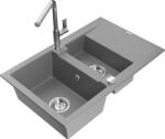 Mexen Gaspar chiuvetă din granit cu 1, 5 cuve cu scurgător și baterie de bucătărie Flora, gri - 6507-71-670401-00 (6507-71-670401-00)
