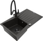 Mexen Cesar chiuvetă din granit cu 1 compartiment cu picurător și baterie de bucătărie Duo, negru/auriu metalizat (6514-75-671701-70-B)