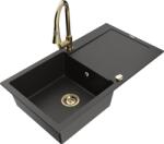 Mexen Leo chiuvetă din granit cu 1 compartiment cu picurător și baterie de bucătărie Elia, negru/auriu metalic (6501-75-670101-50)