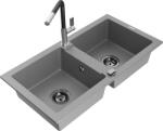Mexen Mario chiuvetă de granit cu 2 compartimente cu baterie de bucătărie Flora, gri - 6504-71-670401-07-B (6504-71-670401-07-B)