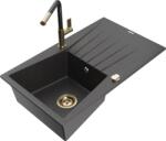 Mexen Cesar chiuvetă de granit cu 1 compartiment cu scurgător și baterie de bucătărie Flora, negru cu pete (6514-76-670401-75-G)
